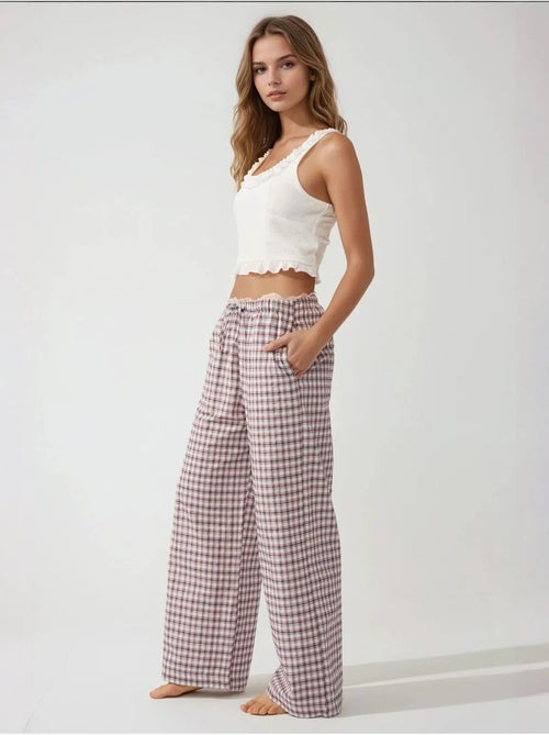 Pantalon de détente long à carreaux avec détail cœur dans le dos - Kiabi