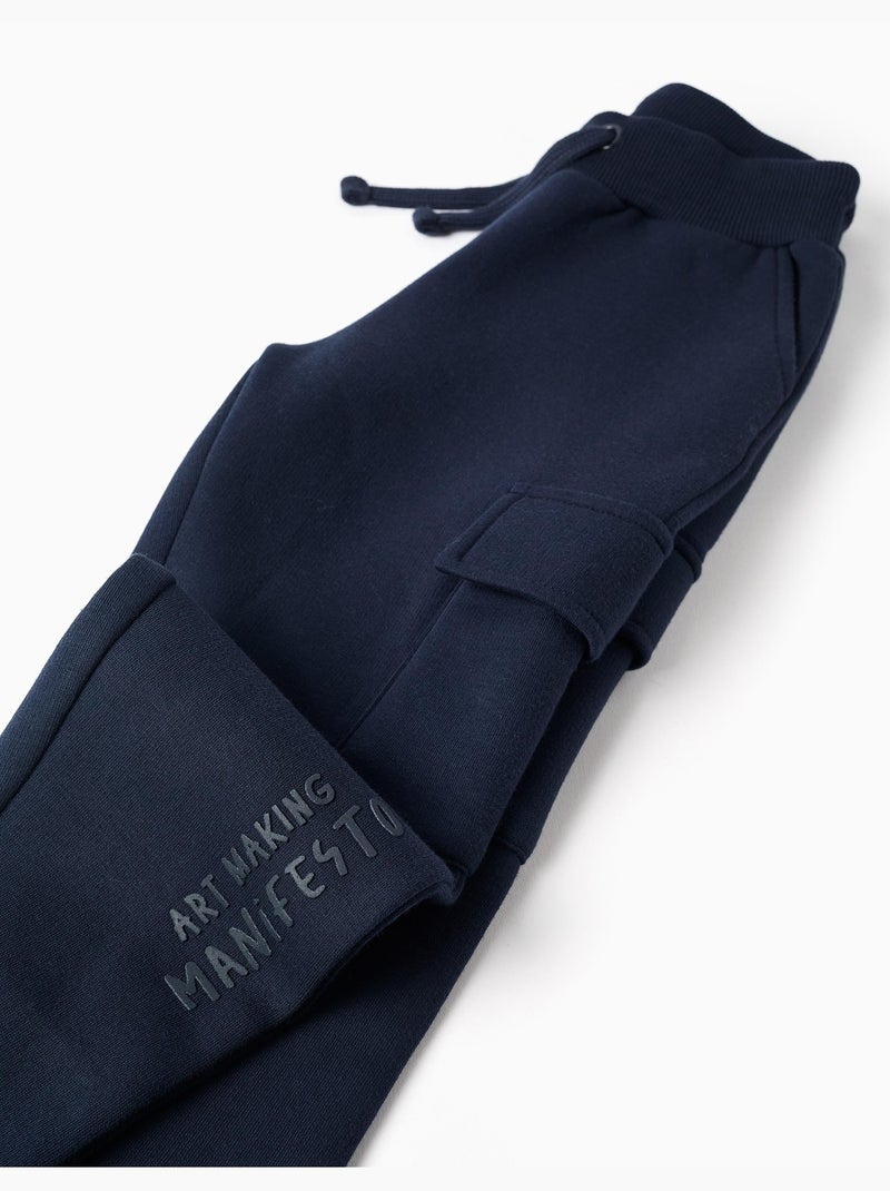 Pantalon de jogging en coton peigné avec poches cargo et imprimé Bleu foncé - Kiabi