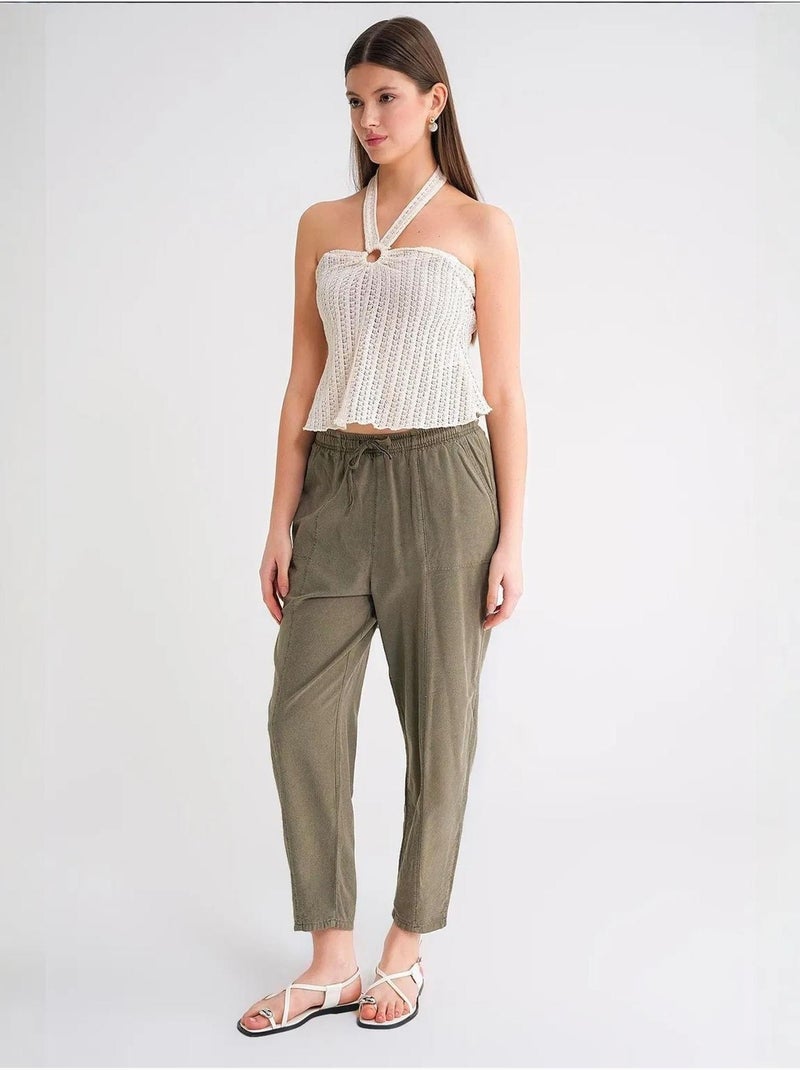 Pantalon de jogging en lin mélangé avec cordon de serrage à la taille mixray Kaki - Kiabi