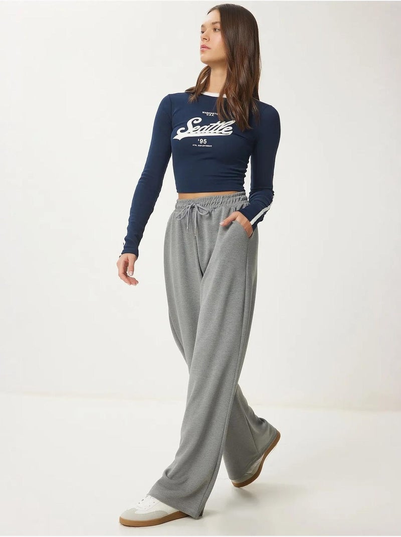 Pantalon de jogging jambe large à taille à cordon istanbul Gris Noir - Kiabi