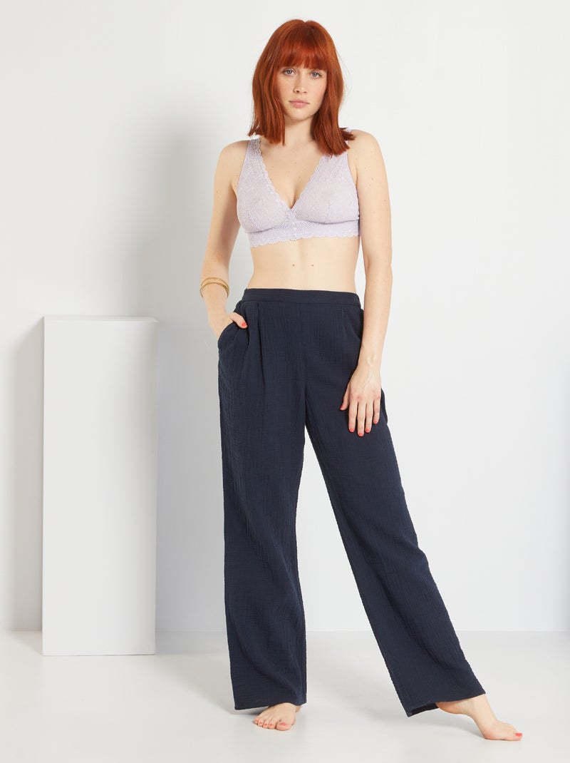 Pantalon de nuit gaze de coton bleu marine - Kiabi