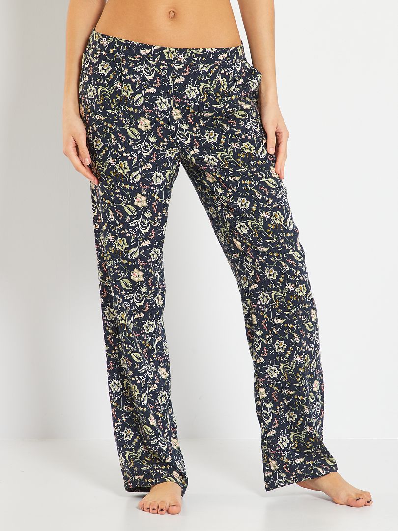 Pantalon de pyjama fluide imprimé bleu marine fleurs - Kiabi