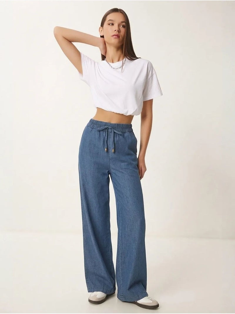 Pantalon décontracté à jambes larges en mélange de coton istanbul Bleu saphir - Kiabi