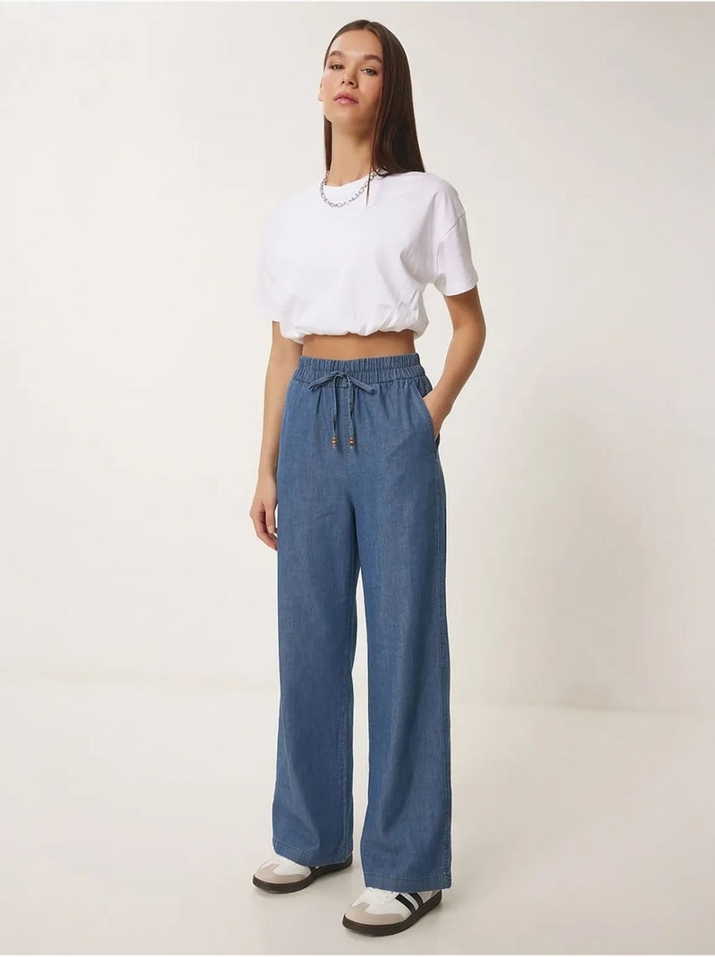 Pantalon décontracté à jambes larges en mélange de coton istanbul Bleu saphir - Kiabi
