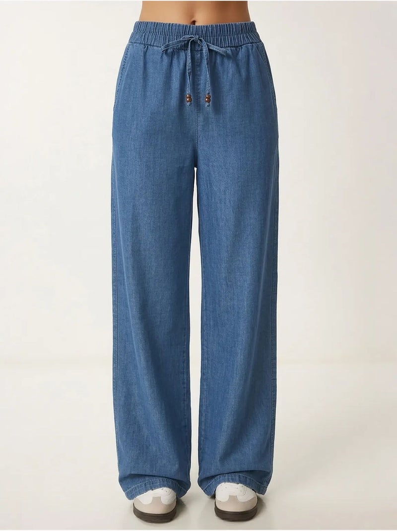 Pantalon décontracté à jambes larges en mélange de coton istanbul Bleu saphir - Kiabi