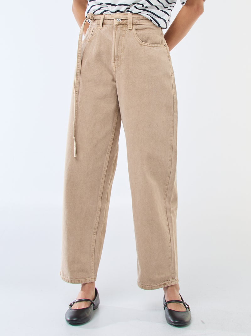 Pantalon denim barrel fit uni avec nœud Beige - Kiabi