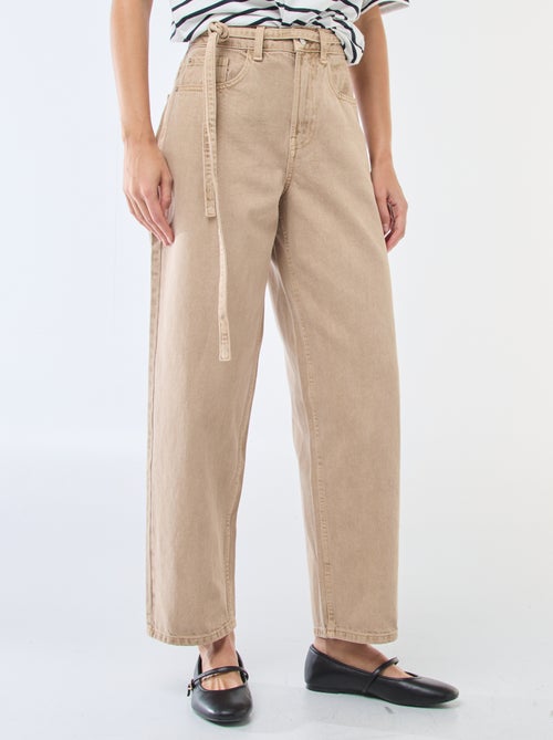Pantalon denim barrel fit uni avec nœud - Kiabi