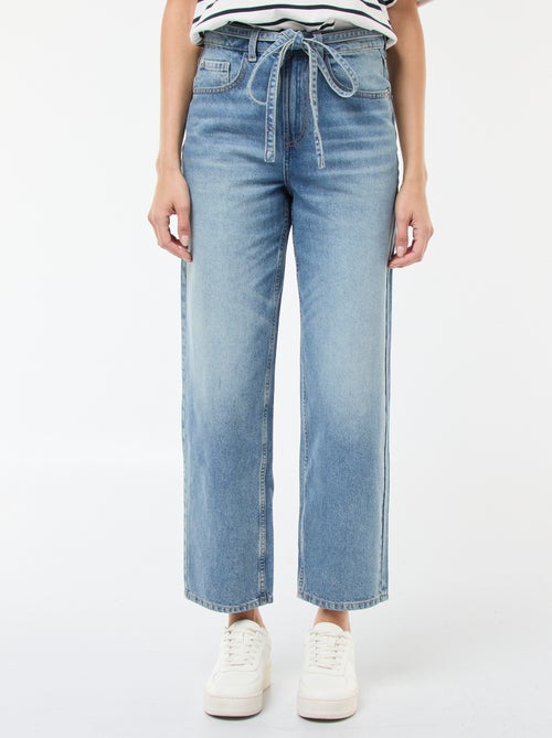 Pantalon denim barrel fit uni avec nœud - Kiabi