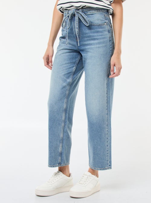 Pantalon denim barrel fit uni avec nœud - Kiabi
