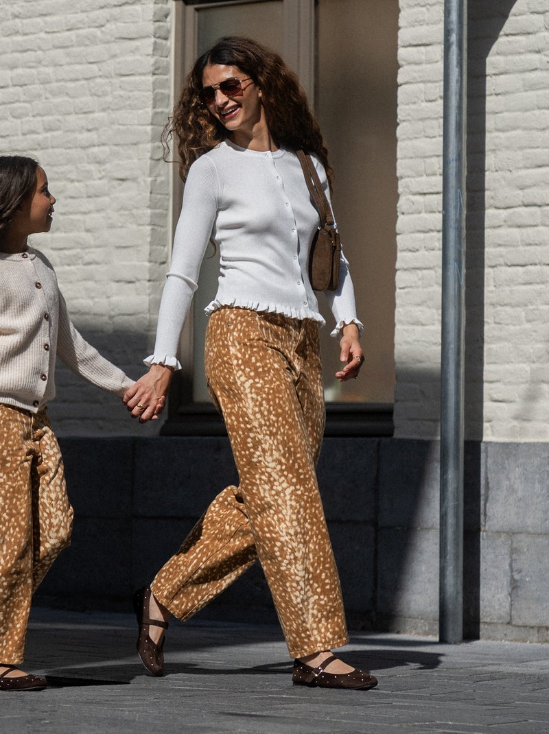 Pantalon denim coupe barrel à motif Beige - Kiabi