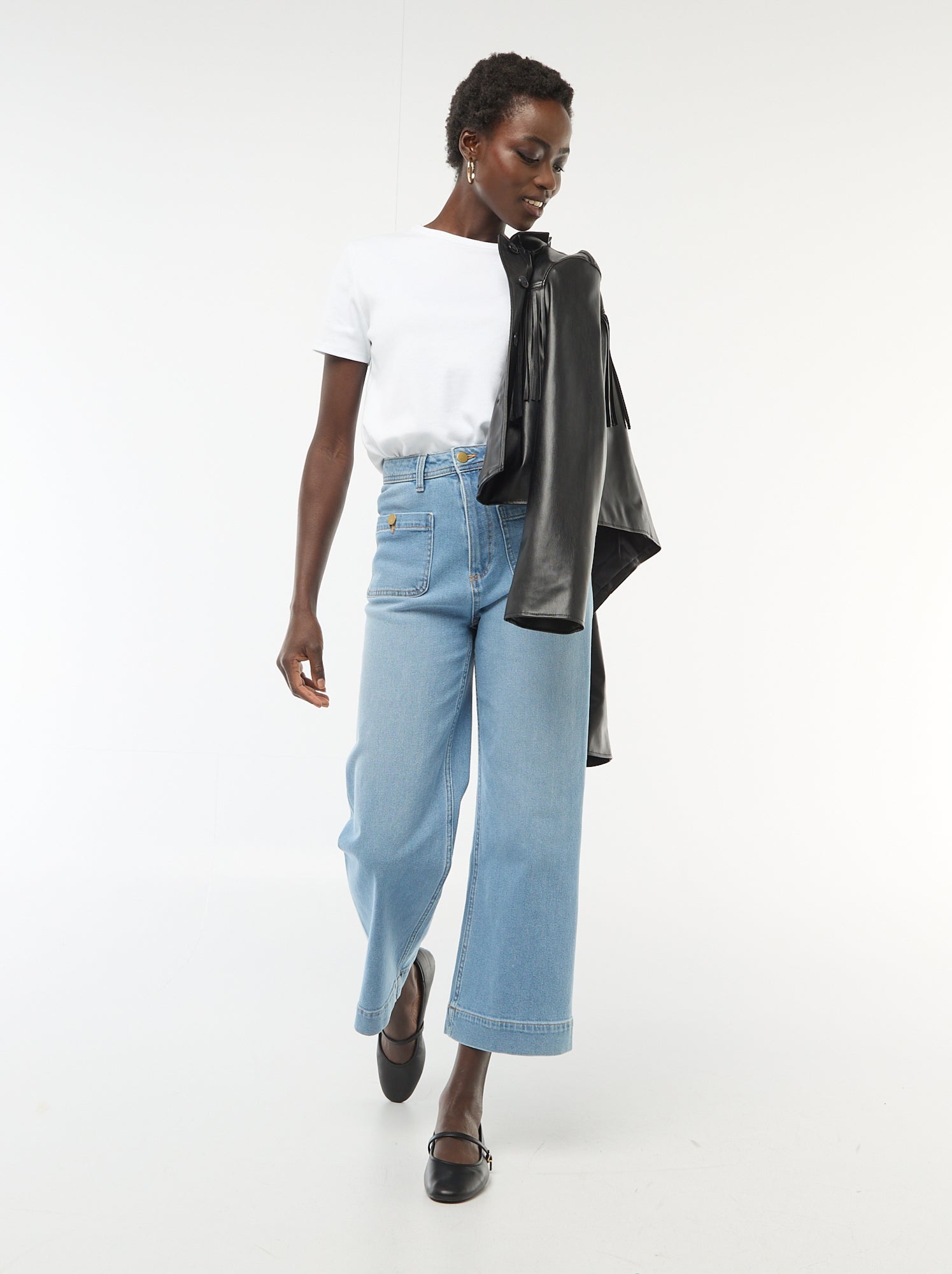 Pantalon denim cropped avec boutons