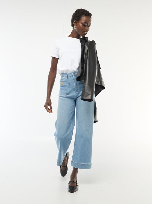 Pantalon denim cropped avec boutons - Kiabi
