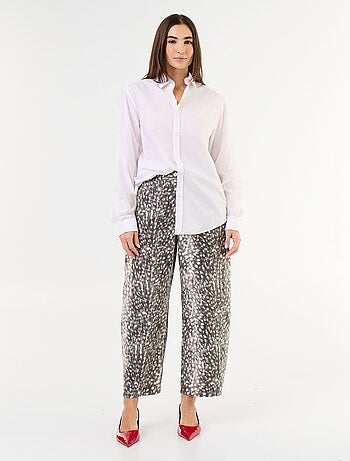 Pantalon denim forme barrel taille haute à motif