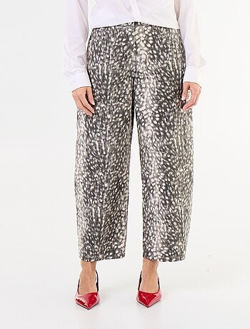 Pantalon denim forme barrel taille haute à motif