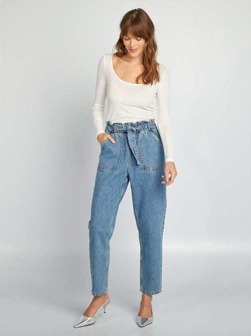 Pantalon denim mom avec ceinture à nouer - Kiabi