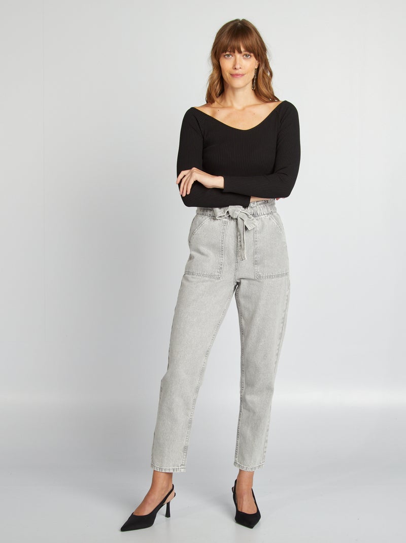 Pantalon denim mom avec ceinture à nouer Gris clair - Kiabi