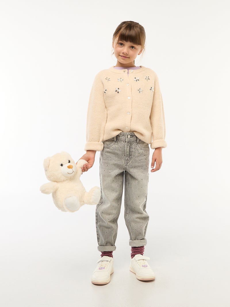 Pantalon denim mom fit avec strass Gris - Kiabi