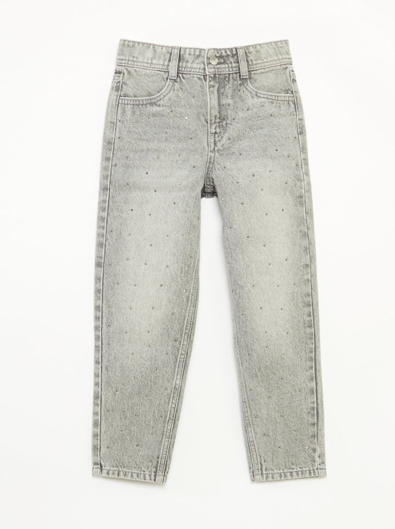 Pantalon denim mom fit avec strass Gris - Kiabi
