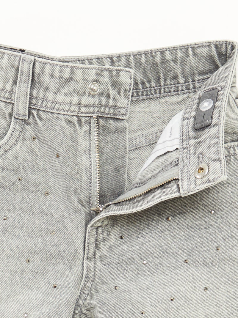 Pantalon denim mom fit avec strass Gris - Kiabi