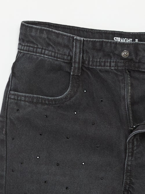 Pantalon denim mom fit avec strass - Kiabi