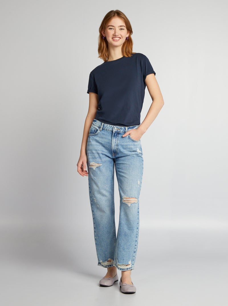 Pantalon denim straight à trous Bleu - Kiabi
