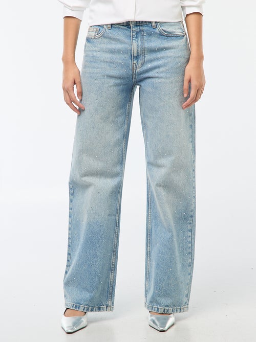 Pantalon denim straight avec strass - Kiabi