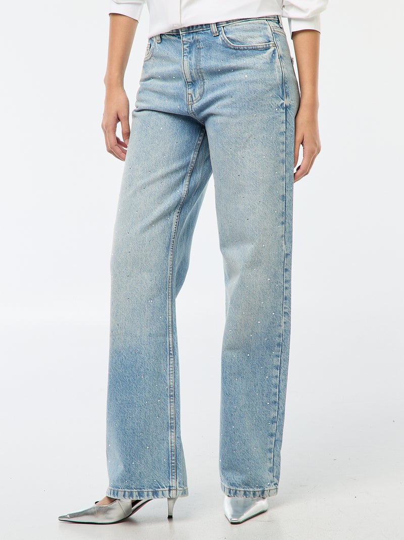 Pantalon denim straight avec strass Bleu - Kiabi