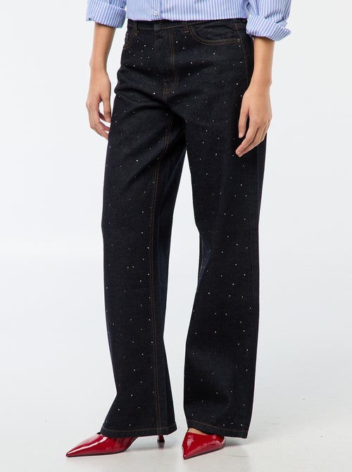 Pantalon denim straight avec strass - Kiabi