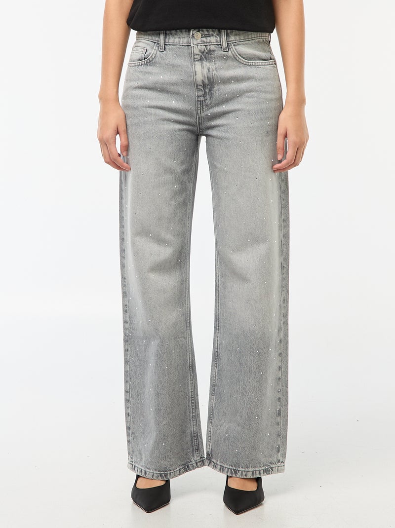 Pantalon denim straight avec strass Gris - Kiabi