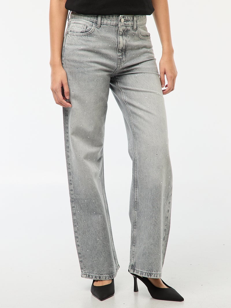 Pantalon denim straight avec strass Gris - Kiabi