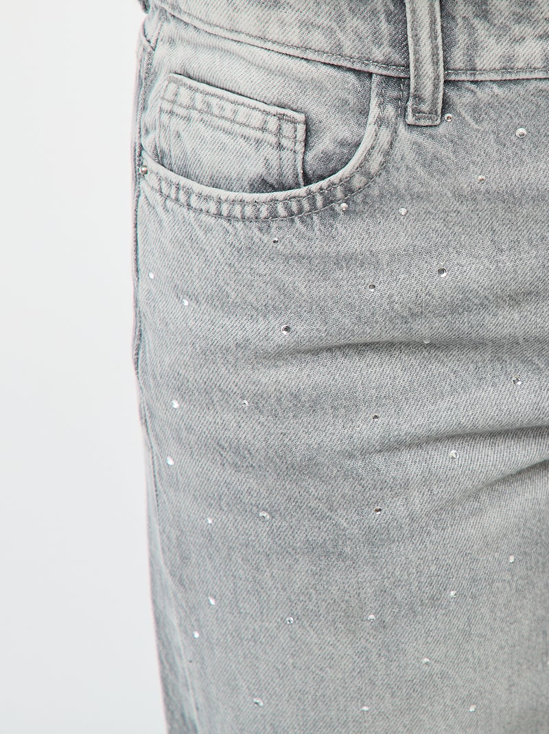 Pantalon denim straight avec strass Gris - Kiabi