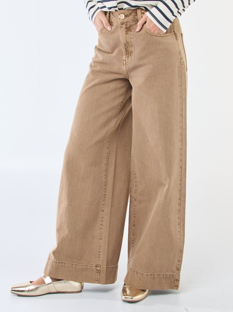 Pantalon denim taille haute et coupe large Marron - Kiabi