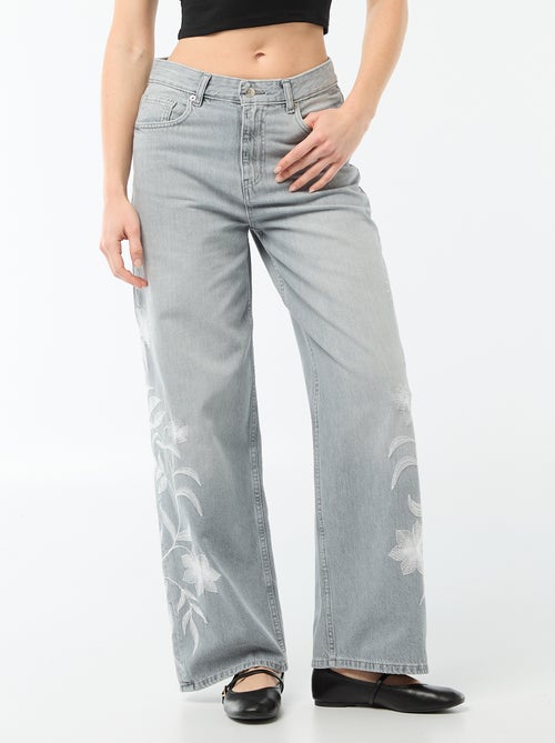 Pantalon denim wide leg avec broderies - Kiabi