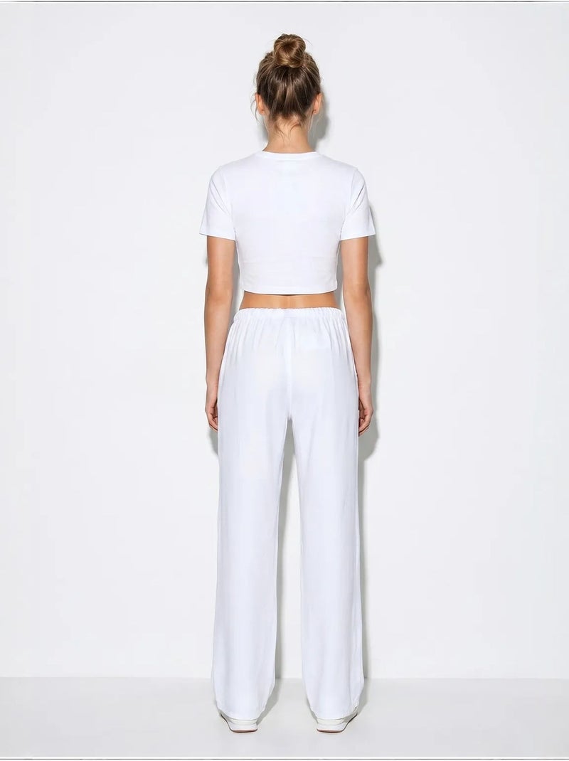 Pantalon d'été en lyocell avec ceinture élastique et poches bianco lucci Bleu pastel - Kiabi