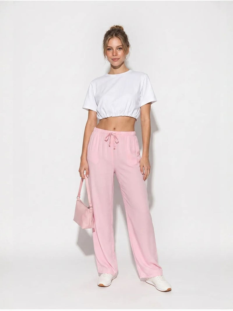 Pantalon d'été en lyocell avec ceinture élastique et poches bianco lucci Rose - Kiabi