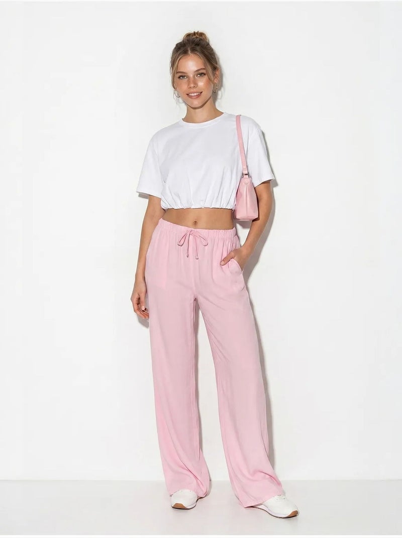 Pantalon d'été en lyocell avec ceinture élastique et poches bianco lucci Rose - Kiabi