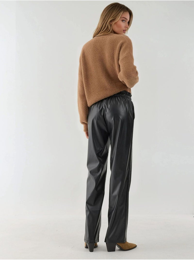 Pantalon droit à taille élastique en similicuir Noir - Kiabi