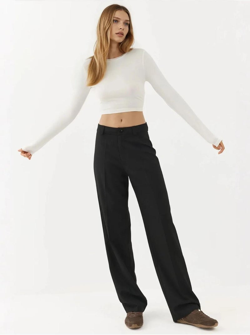 Pantalon droit à taille normale avec fermeture à boutons Noir - Kiabi