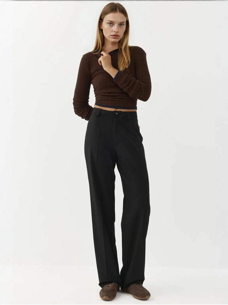 Pantalon droit à taille normale avec fermeture à boutons Noir - Kiabi