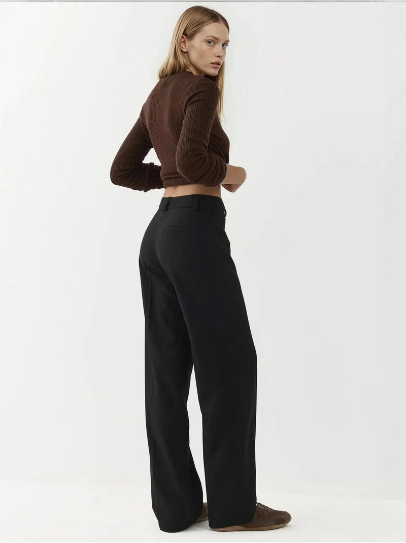 Pantalon droit à taille normale avec fermeture à boutons Noir - Kiabi