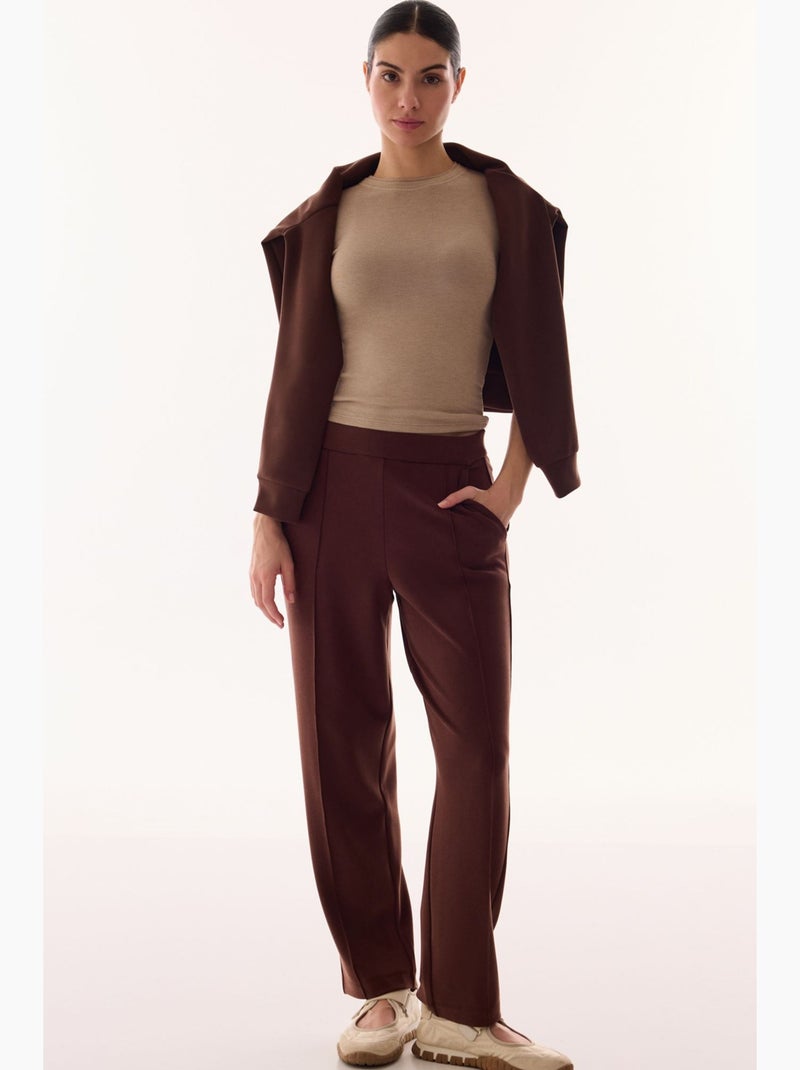 Pantalon droit ample en jersey, taille mi-haute penti Marron chocolat - Kiabi