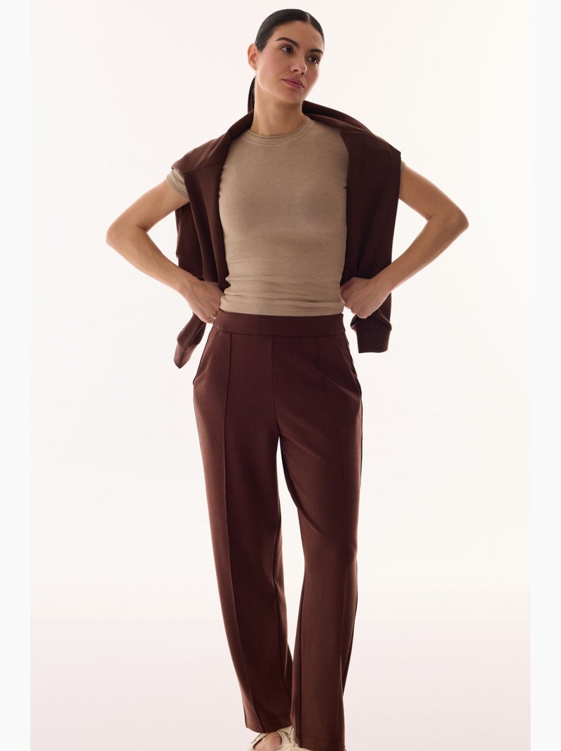 Pantalon droit ample en jersey, taille mi-haute penti Marron chocolat - Kiabi
