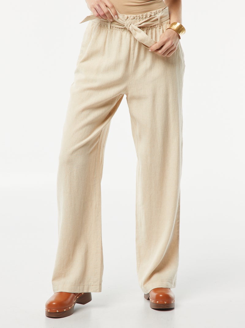Pantalon droit avec ceinture à nouer à la taille Beige - Kiabi