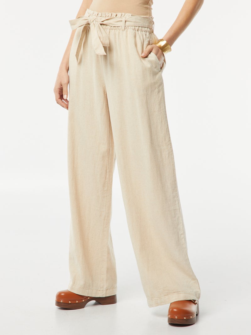 Pantalon droit avec ceinture à nouer à la taille Beige - Kiabi