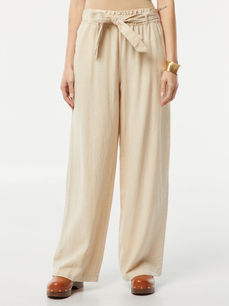 Pantalon droit avec ceinture à nouer à la taille Beige - Kiabi