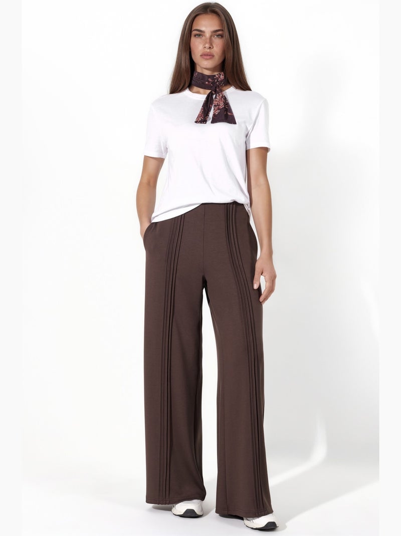 Pantalon droit avec détails en maille côtelée et toucher modal hiccup Marron chocolat - Kiabi