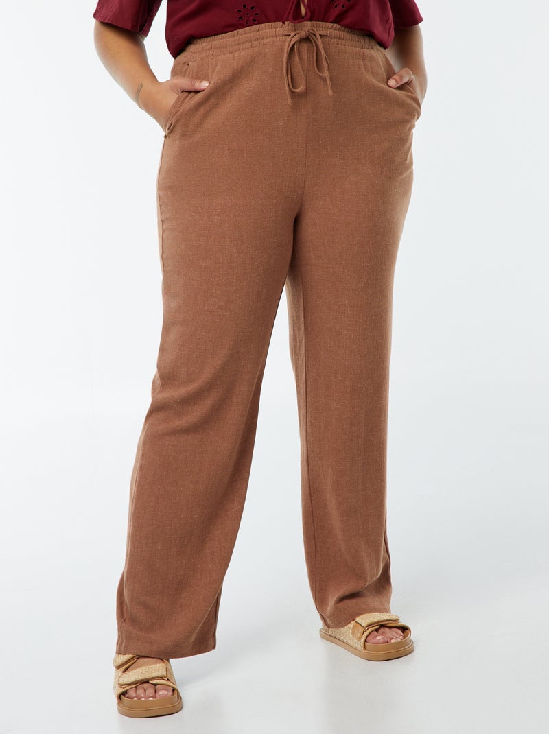 Pantalon droit avec taille élastiquée + liens Marron - Kiabi