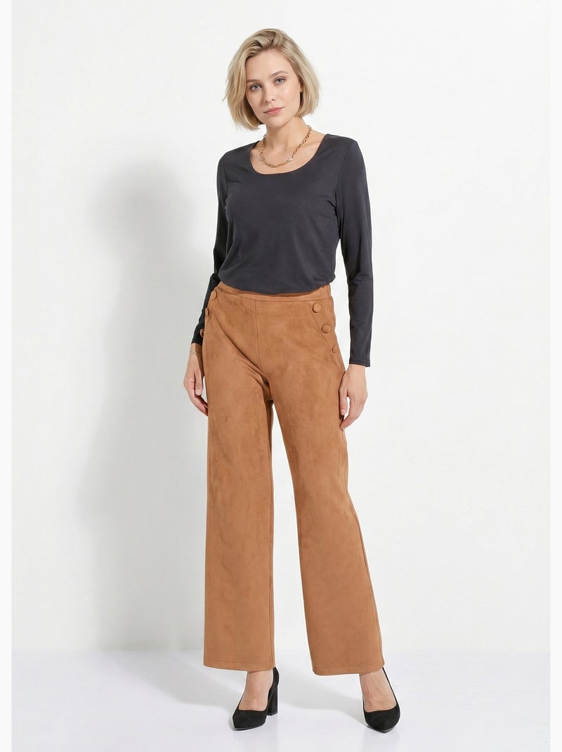 Pantalon droit ceinture élastiquée tissu suédé - Afibel Camel - Kiabi