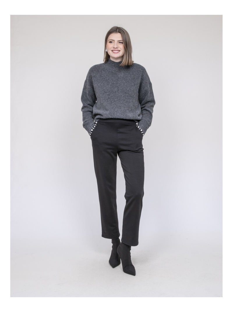 Pantalon droit détails strass ESMENA Noir - Kiabi