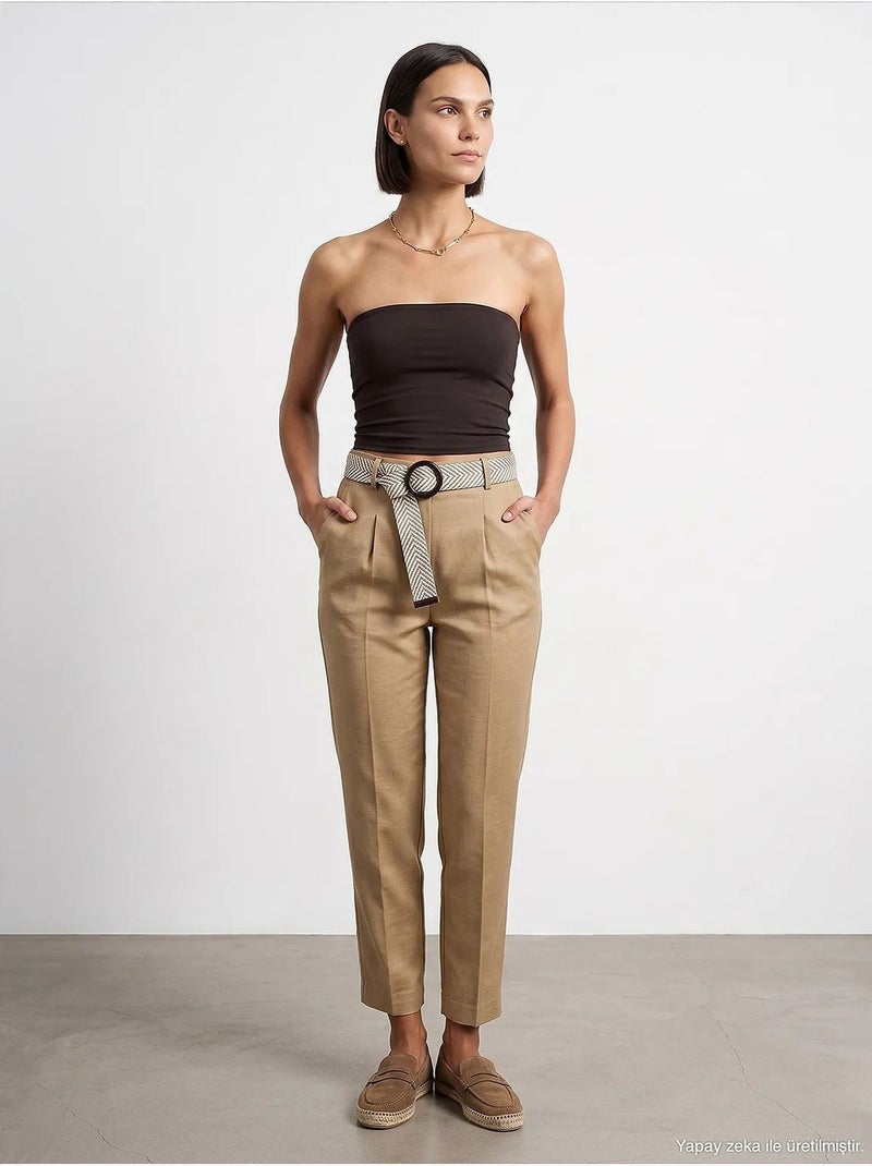 Pantalon droit en crêpe à plis dilvin Grège - Kiabi